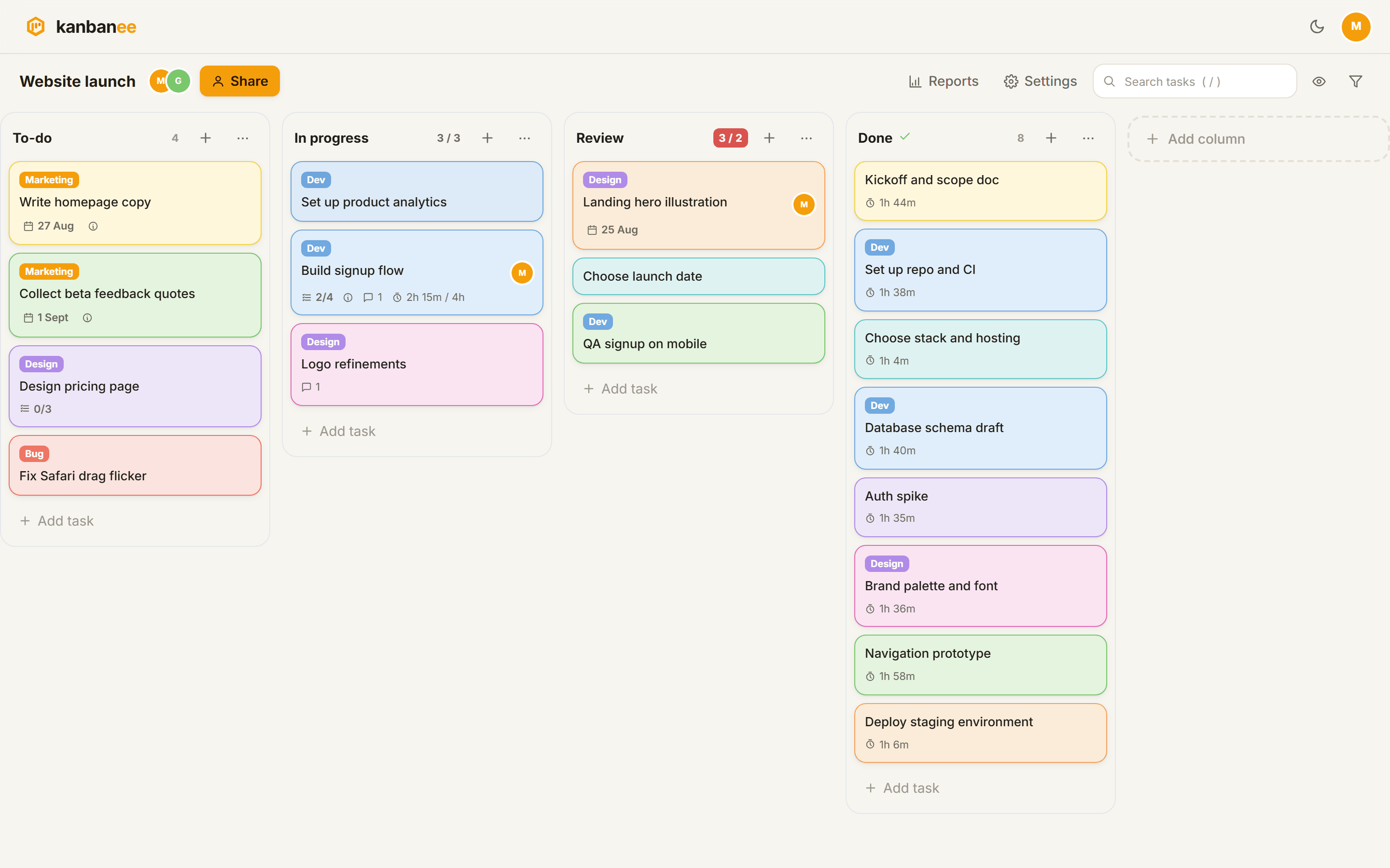 The Kanbanee kanban board: four columns with colored task cards, WIP limits and time badges